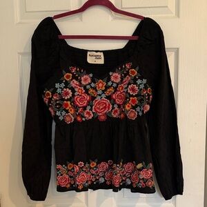 Savanna Jane Black Blouse with Floral Embroidery
